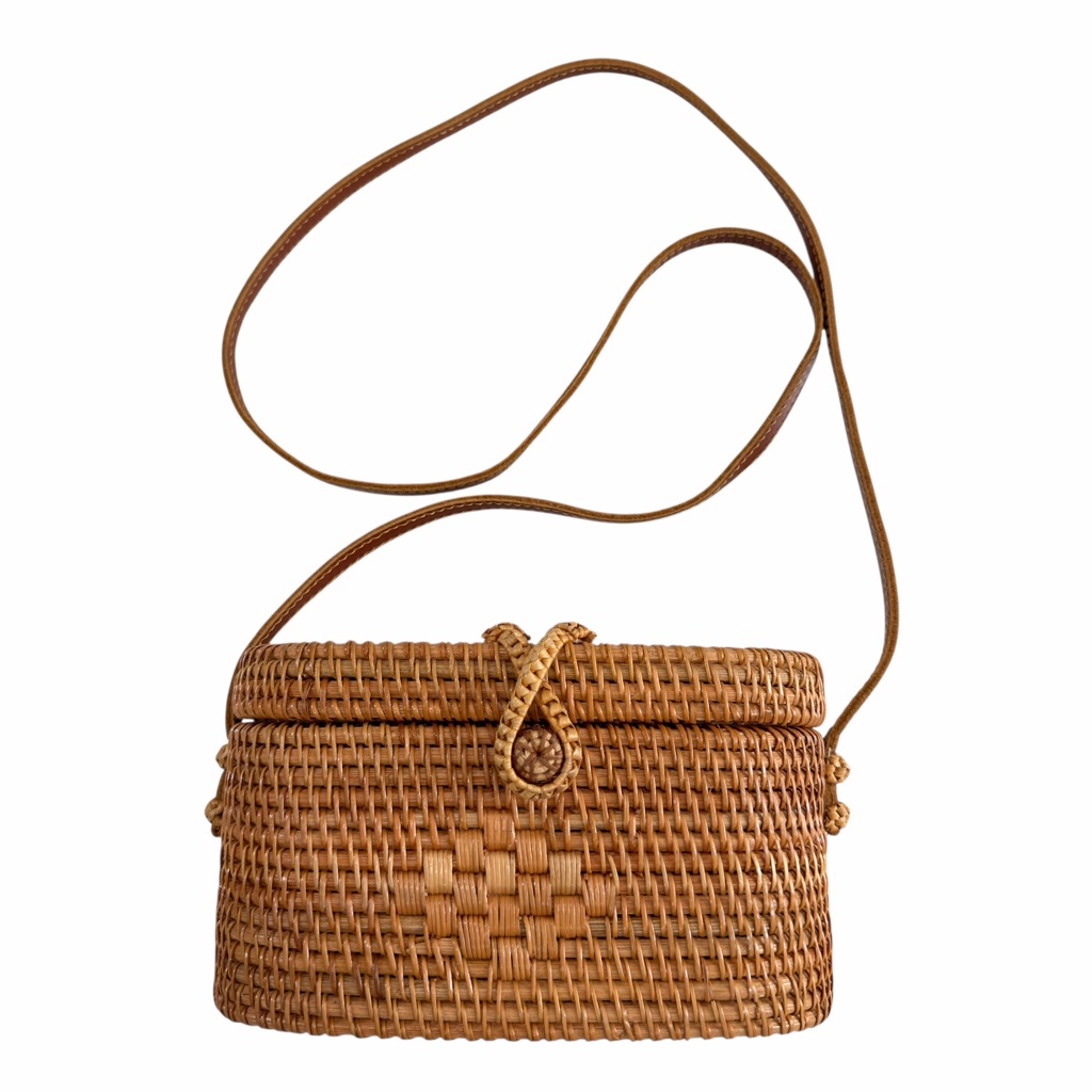 Hand Made Woven Rattan Leather Strap Crossbody Bag